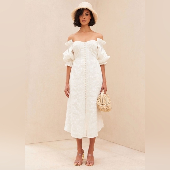 Cult Gaia Simona white linen off shoulder midi Dress size S - Picture 2 of 10